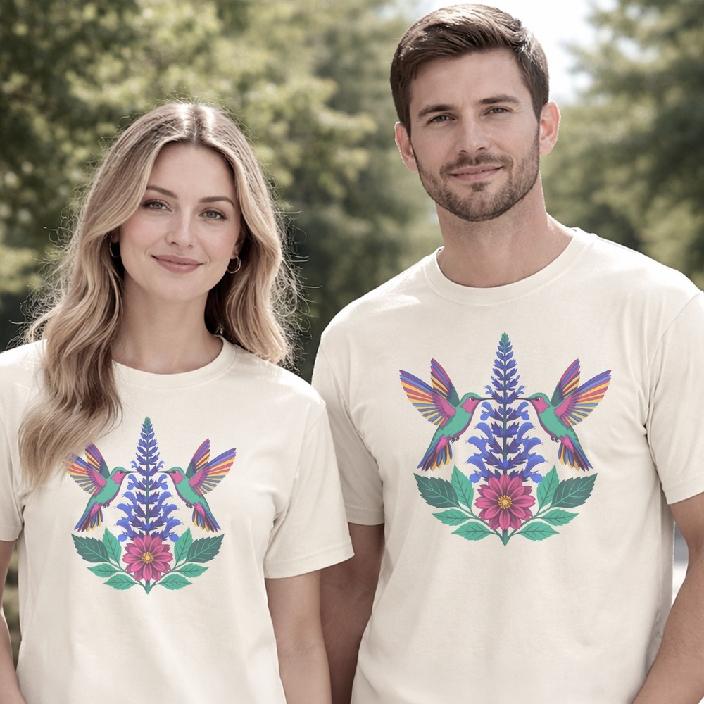 Twin Hummingbirds Flanking a Blue Floral Spike Tee